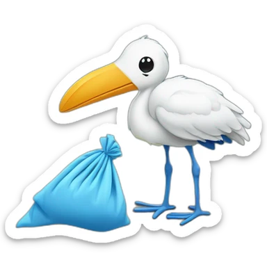 A stork is carrying a blue bundle of cloth in its beak that has a cute white baby face peeking out from it with black head sticker