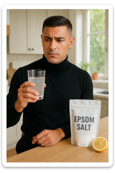 A realistic, bright photo-style image of a young man in his 30s standing in his kitchen, holding a clear glass filled with water in which Epsom salt (magnesium sulfate) has been dissolved. He looks focused but slightly uncertain as he prepares to drink it for a liver flush or digestive cleanse. The glass shows slight cloudiness from the dissolved salt. On the counter are a packet labeled 'Epsom Salt' and a sliced lemon, suggesting he might use it to mask the taste. The setting is clean, natural, and bright with neutral tones. The background shows sunlight streaming through a window, emphasizing a clean, minimalist health-focused environment. The mood conveys a realistic, calm moment of self-care with a hint of discomfort, illustrating a natural detox practice sticker