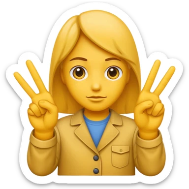 An standard yellow-color emoji that looks very serious and has his hands clasped while making a peace sign infront to portray a meaning of deep thinking or serious consideration. sticker