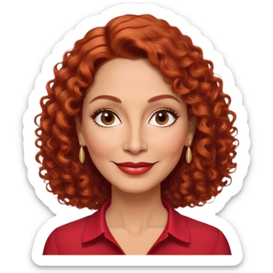 Puerto Rican actress in her 50s with elongated face, soft features, highlighted cheekbones, friendly warm smile, medium almond-shaped brown eyes, defined medium eyebrows, straight fine nose, medium lips with accessible smile, vibrant red curly hair with artistic styling, wearing a solid red blouse sticker