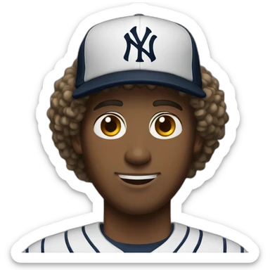 20yo curly hair man with a MacBook and a yankees cap sticker