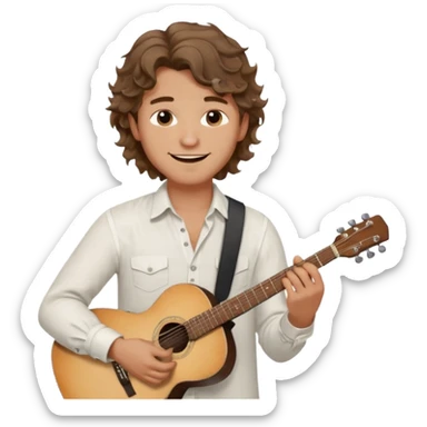 male memoji, man with wavy hair, white linen shirt, holding a guitar, dreamy smile, artistic lover vibe sticker