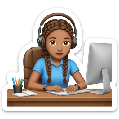 brown skinned female with braids sitting at a desk with headphones on sticker