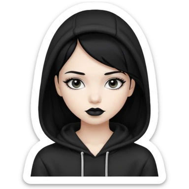 Black haired girl, silver eyes, black lipstick, white skin, black hoodie sticker