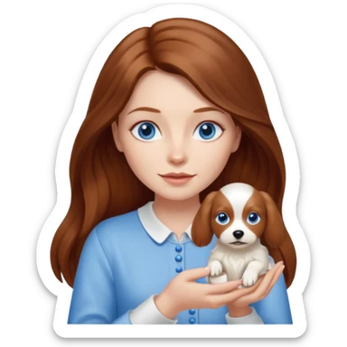 long hair chestnut color blue eyes woman holding small cream dog sticker