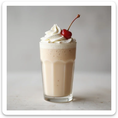 realistic glass of milkshake with whipped cream and cherry, photorealistic style sticker