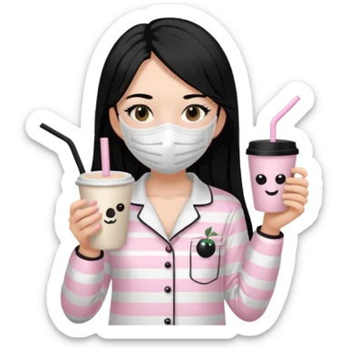 chica de pelo lacio color negro cabellera larga piyama blanca con rayas rosa claras peo no tan claras no oscuras el bordado es negro al igual que los botones )tiene una mascarilla para la carablanca y sostiene y cafe con bolitas nedras al dondo con unsorbete tranparente y es de test blanca  sticker