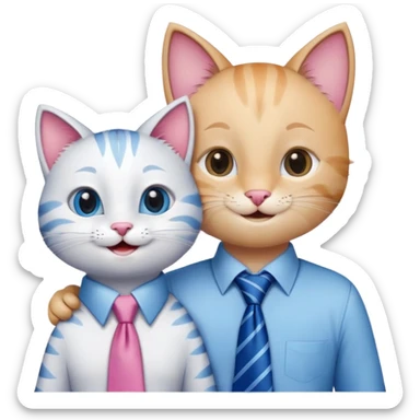 happy girl cat with eyelashes wearing a pink necktie and happy boy cat wearing a blue necktie, standing close together, both smiling sticker