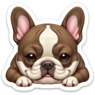 Cinematic Meme-Worthy Chubby Sleeping Brindle French Bulldog Portrait Emoji, Head resting peacefully with a contented smile, showcasing a delightfully chubby build and a luxuriously soft brindle coat with subtle fawn highlights, eyes shut in a serene nap, Simplified yet hilariously adorable features, highly detailed, glowing with a soft, drowsy light, high shine, relaxed and utterly lovable, stylized with an air of playful laziness, bright and heartwarming, soft glowing outline, capturing the essence of a comically sleepy companion, so meme-worthy it feels like it could instantly become the next viral sensation of adorable slumber! sticker