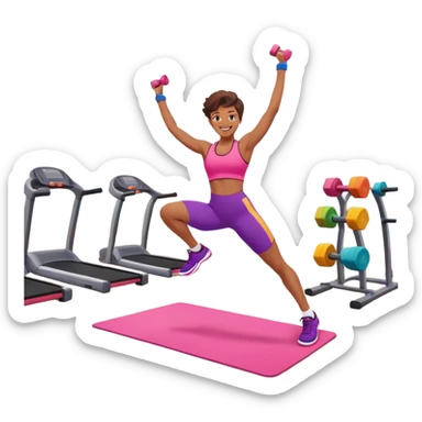 An energetic person performing an aerobics workout in a brightly lit gym, jumping and stretching with enthusiasm. The scene includes vibrant fitness equipment like dumbbells and exercise mats, with a background of cheerful, motivating colors, conveying energy and movement. sticker