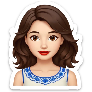 Enthusiastic woman with healthy glowing skin, round cheeks, warm smile, expressive light brown eyes, red lipstick, wavy dark brown shoulder-length hair, summery white top with blue embroidery and electric blue neckline sticker