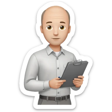 man mid 30's shirt and trousers balding hairline standing holding a clipboard sticker