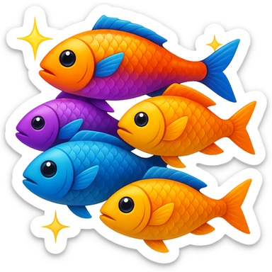 A pile of fish arranged in a pyramid formation with a sparkle effect, in the style of apple emojis, with no background, shiny and crisp emoji style. sticker