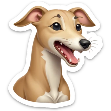 Cinematic Cute Yawning Fawn Greyhound Portrait Emoji, Head tilted slightly with a dramatic, wide-open yawn, showcasing a smooth fawn Fur with a refined finish, floppy ears slightly drooping, round eyes barely open in drowsy contentment, Simplified yet irresistibly adorable features, highly detailed, glowing with a soft, cozy glow, high shine, relaxed yet expressive, stylized with a touch of whimsy, bright and endearing, soft glowing outline, capturing the essence of a sleepy yet affectionate companion, so drowsy it feels like it could stretch out of the screen and curl up for a nap! sticker