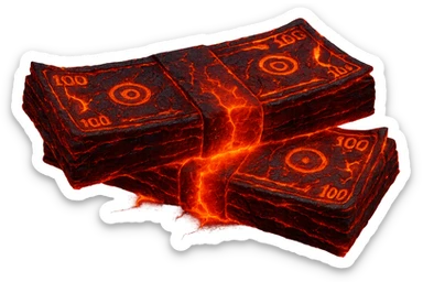 Transform the stack of money into lava money: make the bills appear to be melting and turning into glowing, molten lava with realistic textures and dramatic lighting. Keep the background transparent. The style should reflect a realistic molten lava effect with glowing and melting details. sticker