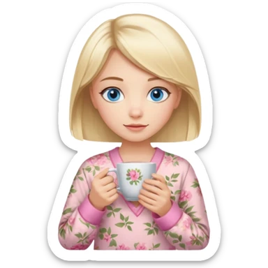 Blue eyed girl with middle length blond hair in floral beige pijamas is holding a pink cup of tea sticker