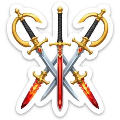 Two crossed swords that are golden in blade and handle and have fiery and royal appearence to them as well as red gem stones yellow in color sticker