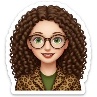 a green eyed woman with very very long brunette curly hair, full lips,and pale skin. She is wearing a leopard printed thin round-ish glasses . She is wearing fully brown clothes. She is gretting smiling sticker