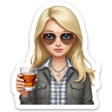 girl
blue eyes
long blond hair with daisy in it
wearing grey/white plaid shirt
wearing aviator sunglasses
wearing silver necklace around her neck
holding a glass of whiskey 
wearing rose gold apple watch  sticker