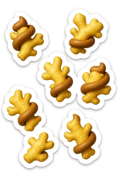 emoji stile iphone 3d di 6 piccoli pezzi di zenzero che fluttuano in aria con pezzi di colon arrotolati intorno, iperrealistico 4k sticker
