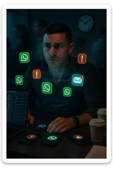 A highly realistic, cinematic portrait of a young man in his early 30s with a tired, tense expression, sitting at his modern office desk surrounded by multiple smartphones with glowing notification bubbles (WhatsApp, emails, alerts) hovering around him like aggressive neon icons. His posture is hunched, shoulders raised, eyes slightly wide, and jaw clenched, representing constant hyper-vigilance and stress. The environment is a cold, cluttered workspace with a laptop displaying endless emails and Slack notifications, coffee cups stacked nearby, and a clock showing late hours, symbolizing the relentless pace of modern work life. Behind him, ghostly blurred figures rush by in a fast-motion effect, representing the constant rush and societal pressure. A faint, tight grey aura wraps around his chest and head, symbolizing blocked breathing and mental tension, while faint blue light tries to push through, representing the body’s desire to find calm. The lighting is harsh and cool, with a 35mm hyperrealistic film style, shallow depth of field focusing on the man’s stressed face and the floating notifications, illustrating the modern trap of always being on alert. sticker