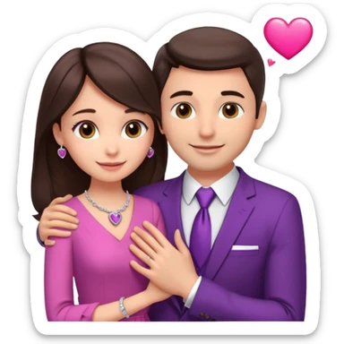 Brunette girl, with an engagement ring on her finger hugging a handsome man, (her boyfriend) both of them happy, she’s wearing a pink dress, he is wearing a suit, he’s also a rich businessman, and there is the 💜 purple heart emoji on top. They look in love with each other sticker