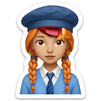 orange braided hair girl, wearing white shir, a brown berret Hat, Blue Necktie sticker