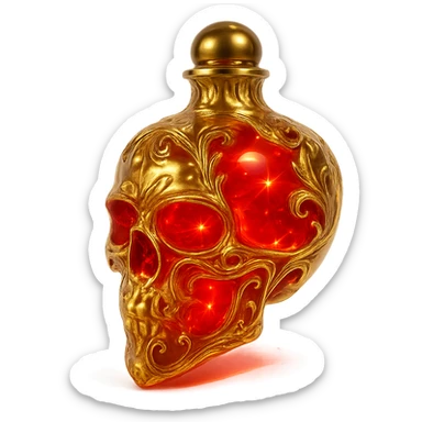 Make the neck of the skull-shaped elixir bottle very small and barely visible but still golden. Keep the red color with lots of glow, sharp edges, light refractions, golden details, ornaments, magical effects, and a transparent background. The bottom should merge beautifully and the bottle should clearly hang in the air, giving a premium, luxurious, magical crystal bottle collection impression. sticker