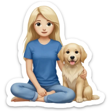 20-year-old dirty blonde woman with long hair and dark blue eyes, sitting beside an English cream golden retriever, relaxed and happy mood sticker