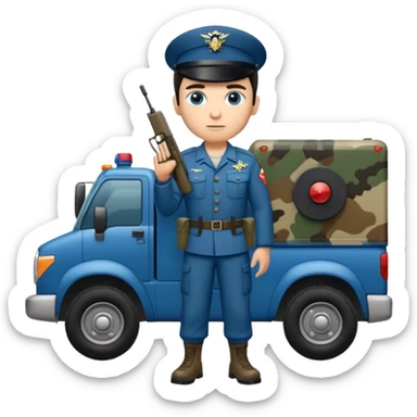 Full body of a dark haired blue eyed army man with radar truck weapon and wearing camo uniform  sticker