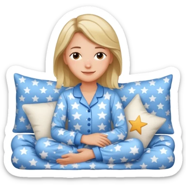  "type": "human",
      "look": "woman in star-print pyjamas, soft blue set, sleepy smile", sticker