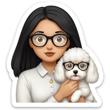 A girl with long black hair and glasses holding a bichon and a white devon sticker