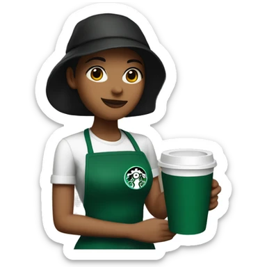 starbucks barista girl with green apron & black cap holding a hot cup of coffee sticker