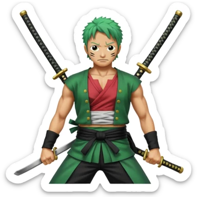 Has a zoro de one piece con sus tres katanas más epico en pocision de ataque y estilo anime  sticker