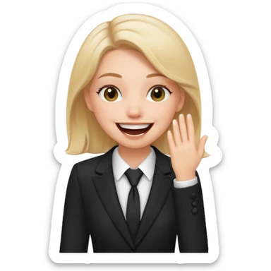 a white girl in a formal suit laughs, covers his mouth with his hand sticker