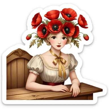 A lush bouquet of deep red poppies tied with a faded gold ribbon, resting on an antique wooden table. Warm brown leaves and golden sunlight add a vintage charm. sticker