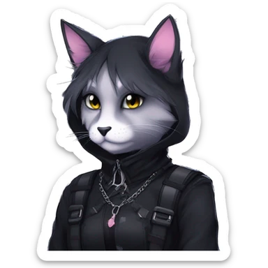 Gorgeous furry gothic dark techwear anime style anthro black cat fursona with blushing face aesthetic and pretty edgy black with collar and harness trending style sticker