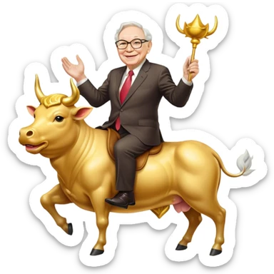 happy Warren Buffet riding golden bull sticker