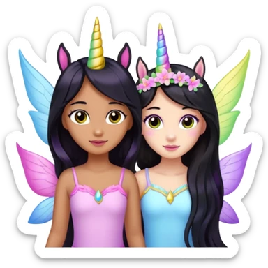 Earthreal sparkly angelic mystical magical shiny pretty Fairy. Dark Brown eyes. Caramel skin. Long black hair. White, hot pink and light blue and lavender and light green and light yellow fairy wings. Friend unicorn  sticker