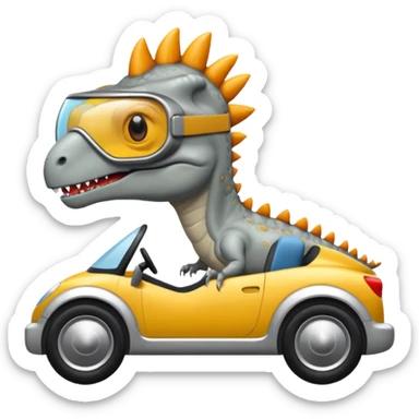 Dinosaurio  gris subido en un carro blanco tecnológico con lentes de realidad virtual sticker