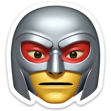 A chrome or steel mask that covers the entire face except the eyes and mouth, with a stern, mysterious expression. The design has sharp cheek ridges, a center forehead line, and vent-like slits near the mouth — giving it that mix of ancient warrior and supervillain tech. sticker