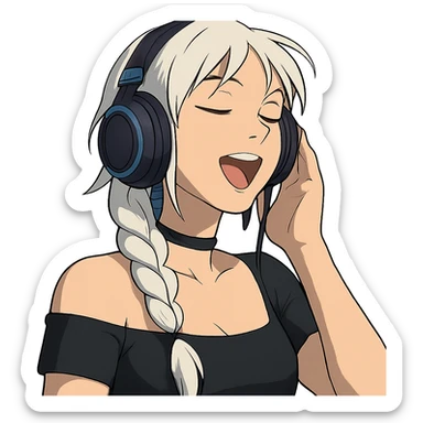 she is listening to music in headphones and JAMMIN!, a closeup portrait of young woman with gold yellow eyes, white hair, long braid, black off-shoulder top d-cup, punk gothic style, futuristic cyberwave cyberpunk,  eyes closed, singing, one hand on the headset sticker