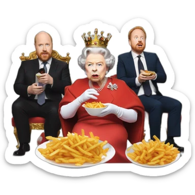 Queen Elizabeth II eating fries with louis c.k. And Warwick davis sticker