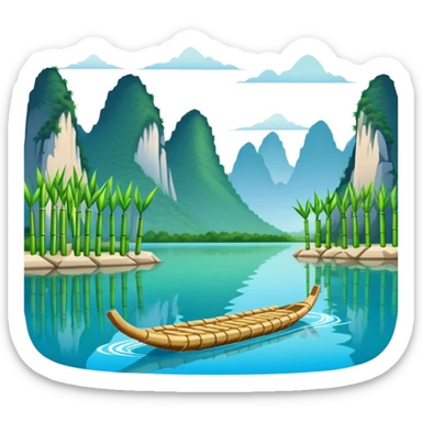 Li River Guilin with karst mountains and bamboo raft, simplified emoji style with bold outlines and bright colors, cartoon style limestone peaks with river sticker