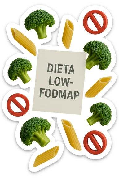 BROCCOLETTI E PENNE DI PASTA RIGATE FLUTTUANO IN ARIA insieme a piccoli divieti 3d, DAVANTI A LORO FLUTTUA UN FOGLIO CON LA SCRITTA "dieta low-fodmap" sticker