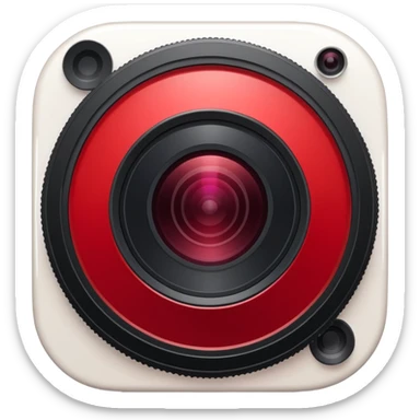 A round camera lens, apple emoji style, minimalist, with highlights, no faces, red sticker