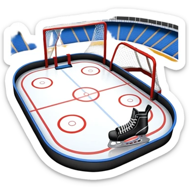 An icon showing a hockey stick, puck, skates, and goalposts on the ice. The background features a large hockey stadium with cheering fans, bright lights, and a snowy landscape visible through the arena. sticker