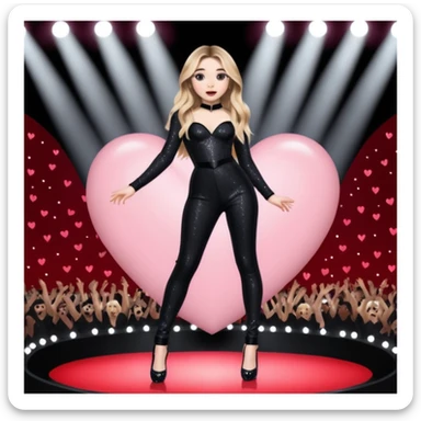 Sabrina carpenter singing at concert wearing a black sparkle jumpsuit and black hyper sparkle heels. There is a huge crowd and light pink stage setting. She is standing in the center stage part that is in the shape of a red heart and it extends from the main stage  sticker