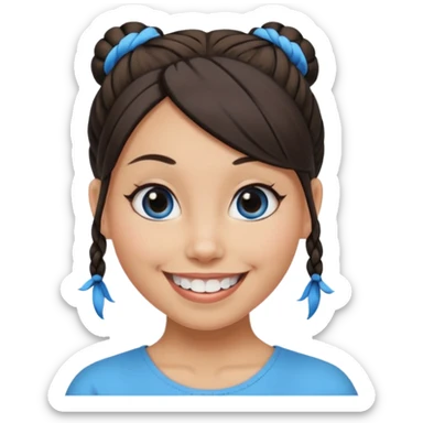 Now tied up her hair in a half-bun ,the on her head is black, while her bang is blue. Bigger eyes and brighter smile, show teeth while smiling sticker