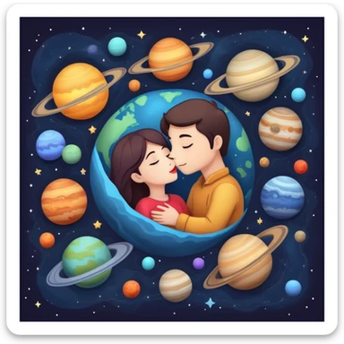 Solar system with heart-shaped planets and couples kissing, cute characters embracing on different planets, colorful cosmic scene sticker